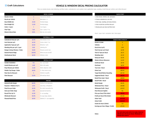 Vehicle & Window Decal Pricing Calculator screenshot showing inputs, calculated results, and status line