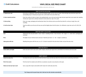 Vinyl Decal Size Price Chart instructions tab explaining how to use the workbook and what the results mean