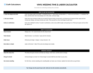 Vinyl Weeding Time & Labor Calculator instructions tab explaining how to use the workbook and what the results mean