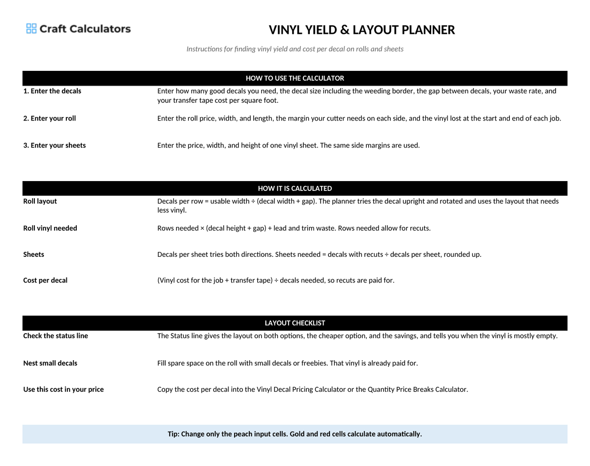Vinyl Yield & Layout Planner instructions tab explaining how to use the workbook and what the results mean