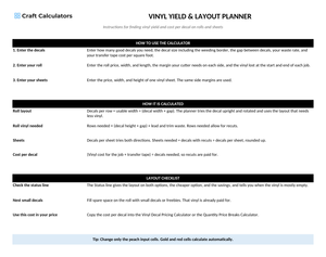 Vinyl Yield & Layout Planner instructions tab explaining how to use the workbook and what the results mean