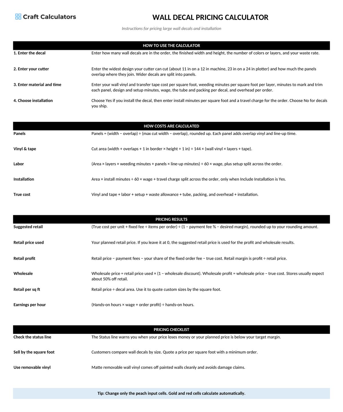 Wall Decal Pricing Calculator instructions tab explaining how to use the workbook and what the results mean