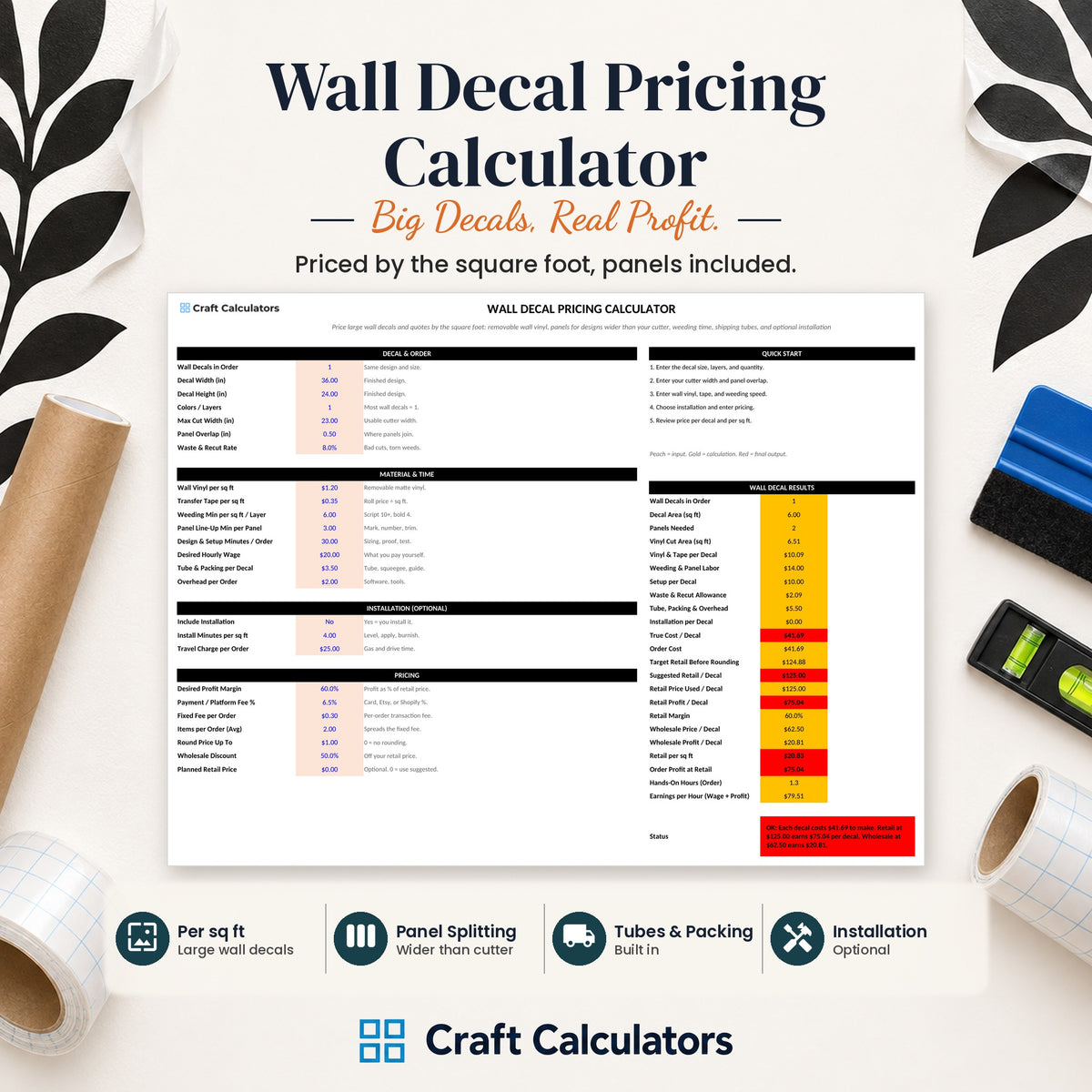 Wall Decal Pricing Calculator spreadsheet by Craft Calculators for decal and sticker sellers