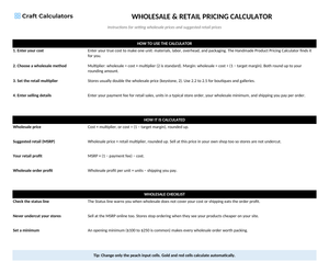 Wholesale & Retail Pricing Calculator instructions tab explaining how to use the workbook and what the results mean