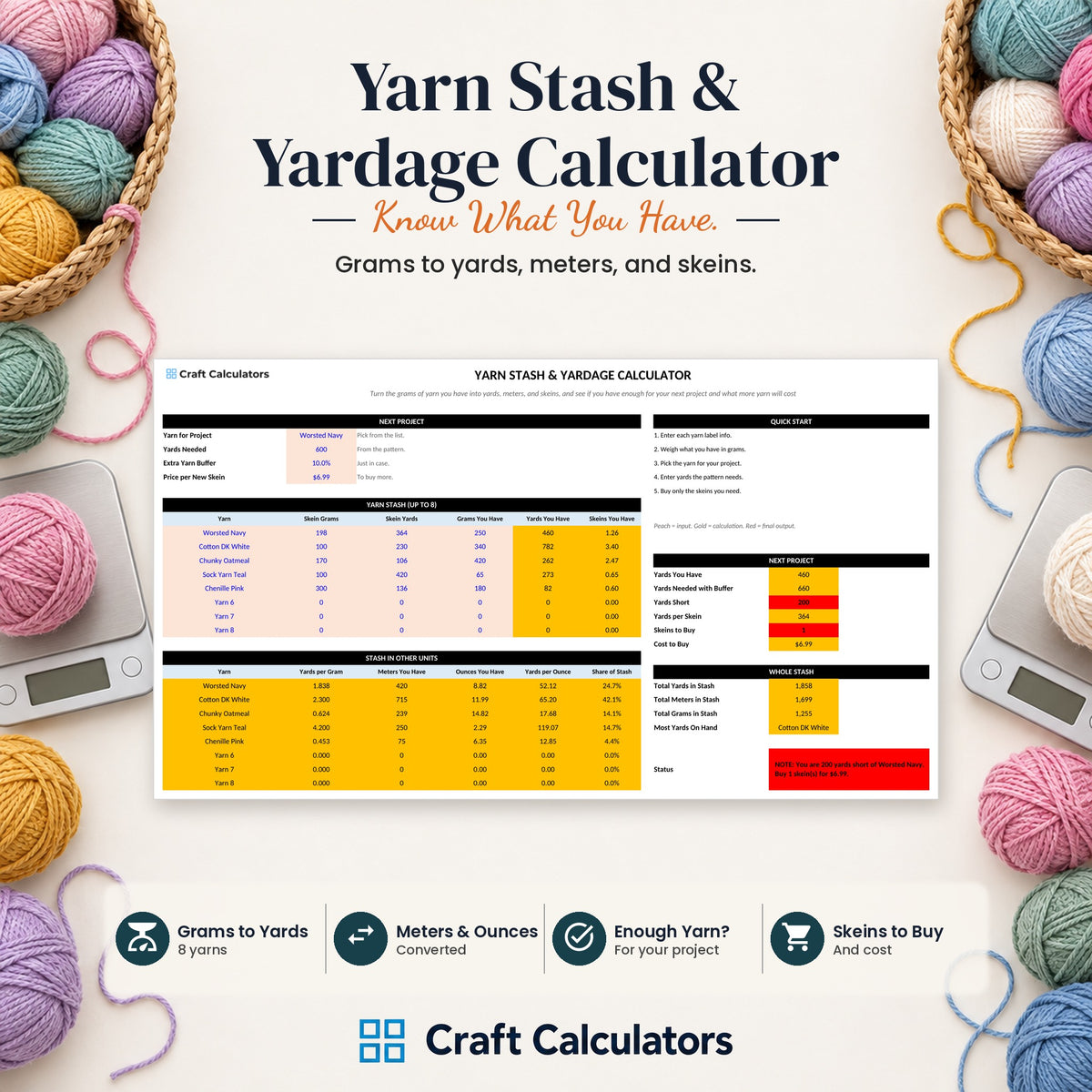 Yarn Stash & Yardage Calculator spreadsheet by Craft Calculators for handmade sellers