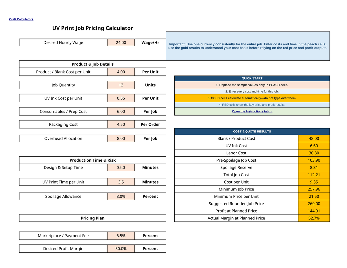 UV Print Job Pricing Calculator spreadsheet screenshot