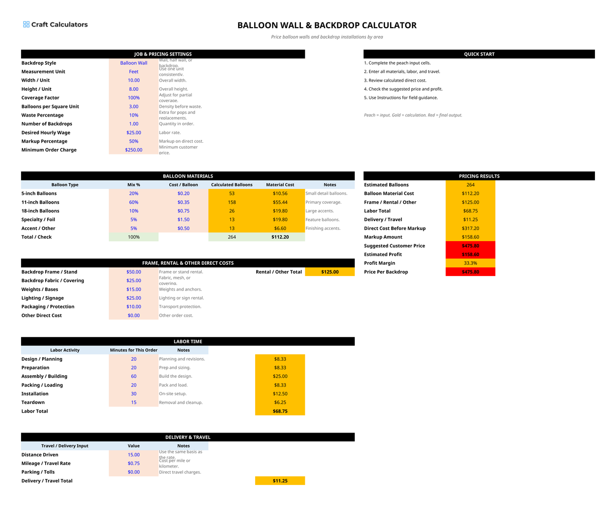 Balloon Wall & Backdrop Pricing Calculator Spreadsheet